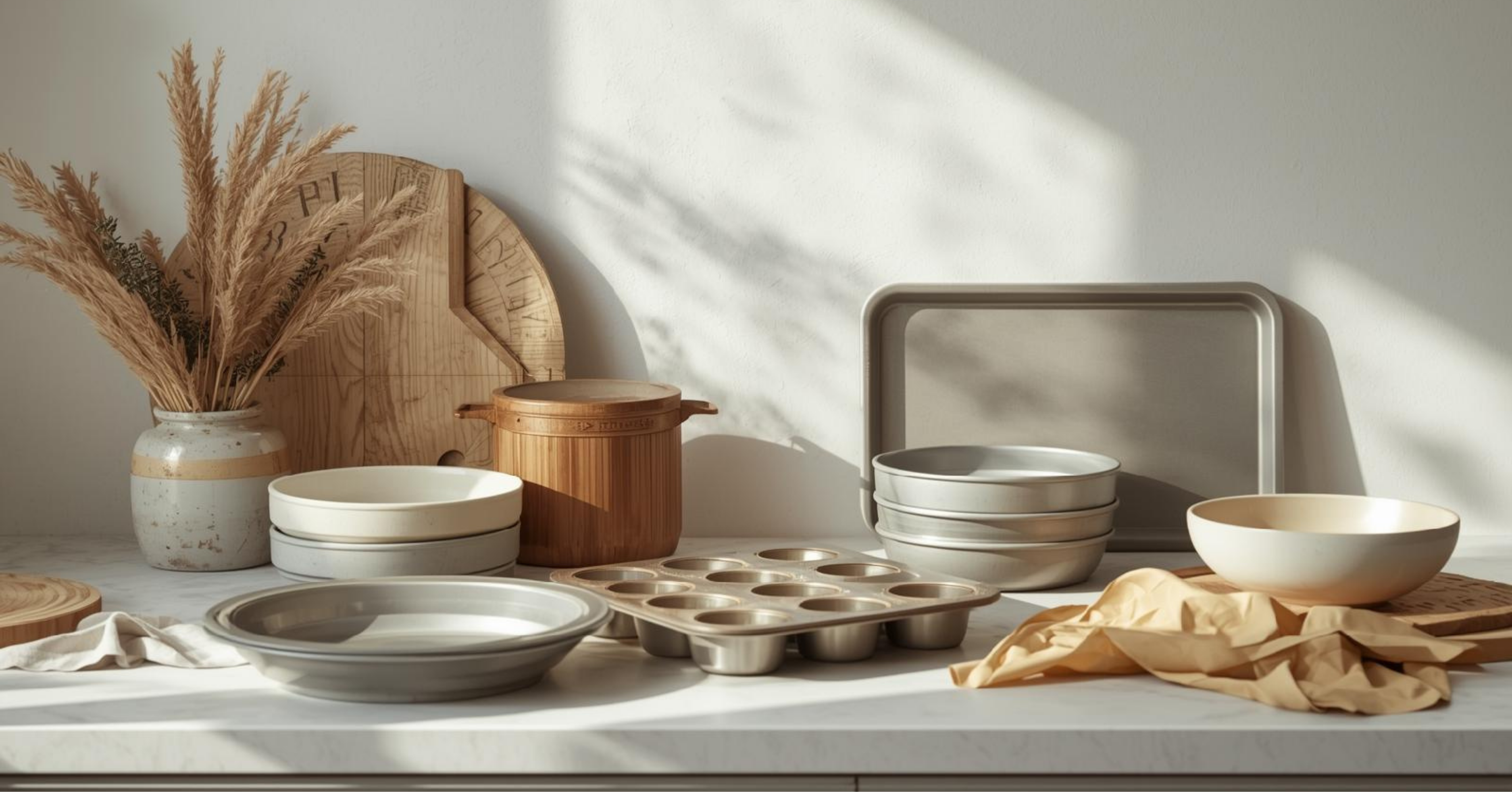 Bakeware collection with cake pans, muffin trays, and baking tools arranged on a modern kitchen counter