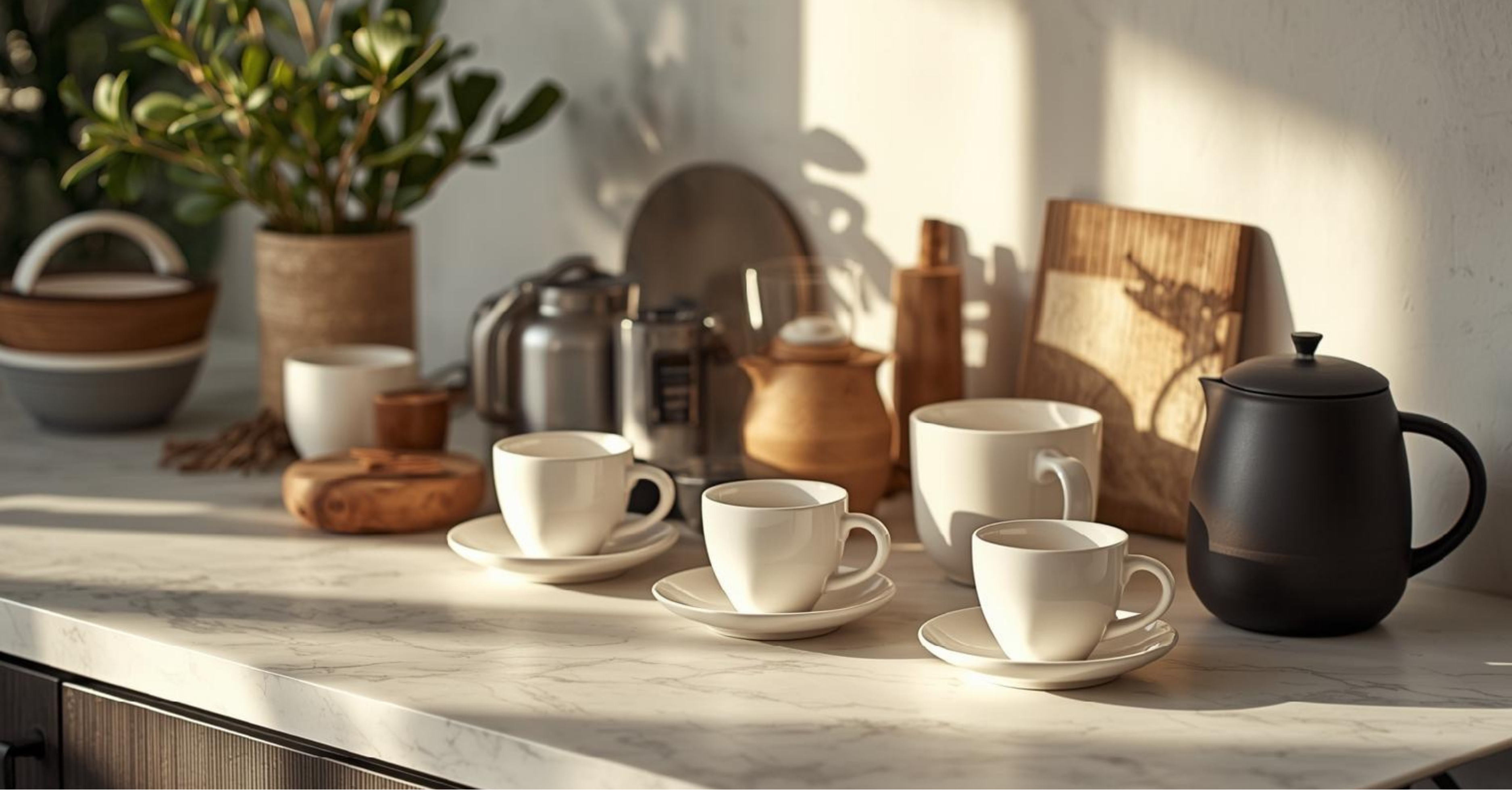Coffee, tea, and espresso essentials displayed on a modern kitchen counter with mugs, cups, and brewing accessories