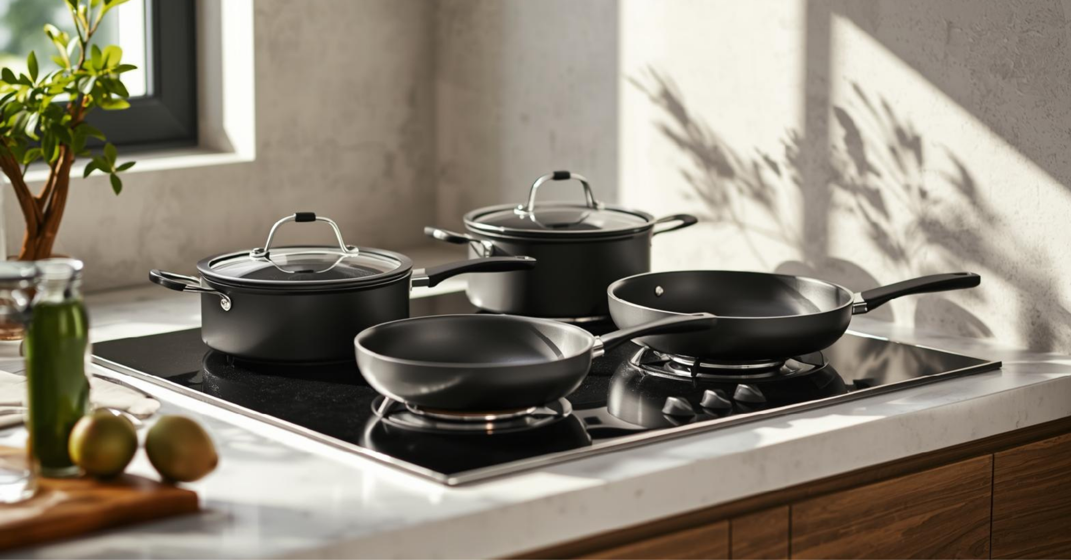 Cookware collection with pans and pots displayed on a modern kitchen stovetop