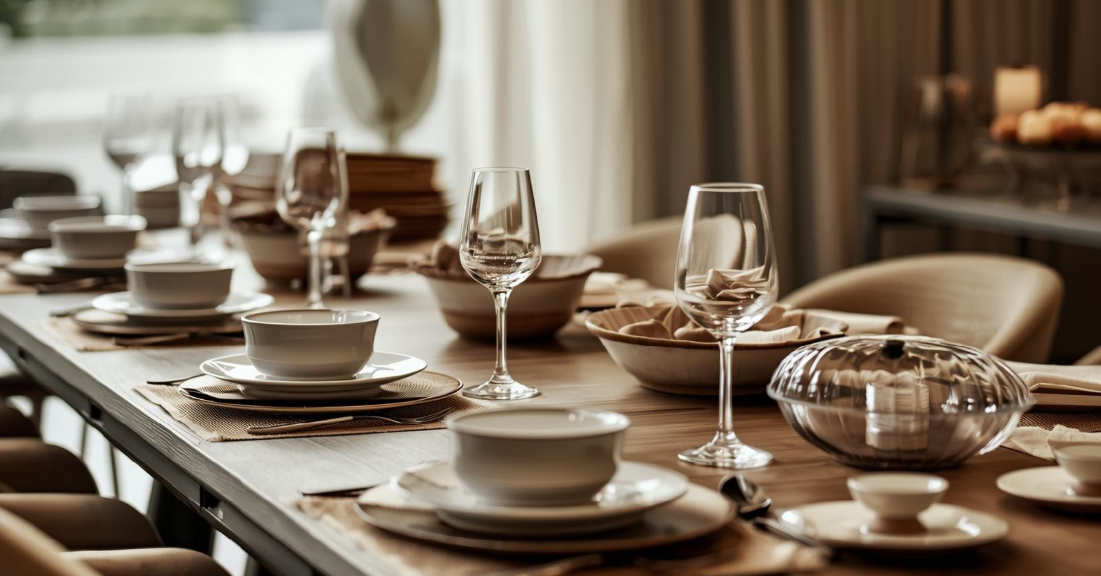 Dining and entertaining essentials arranged on a modern dining table with serveware and table accents