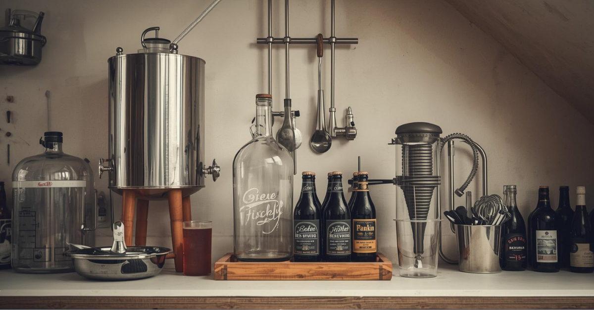 Home brewing and wine making equipment displayed on a clean workspace with fermenters and bottles