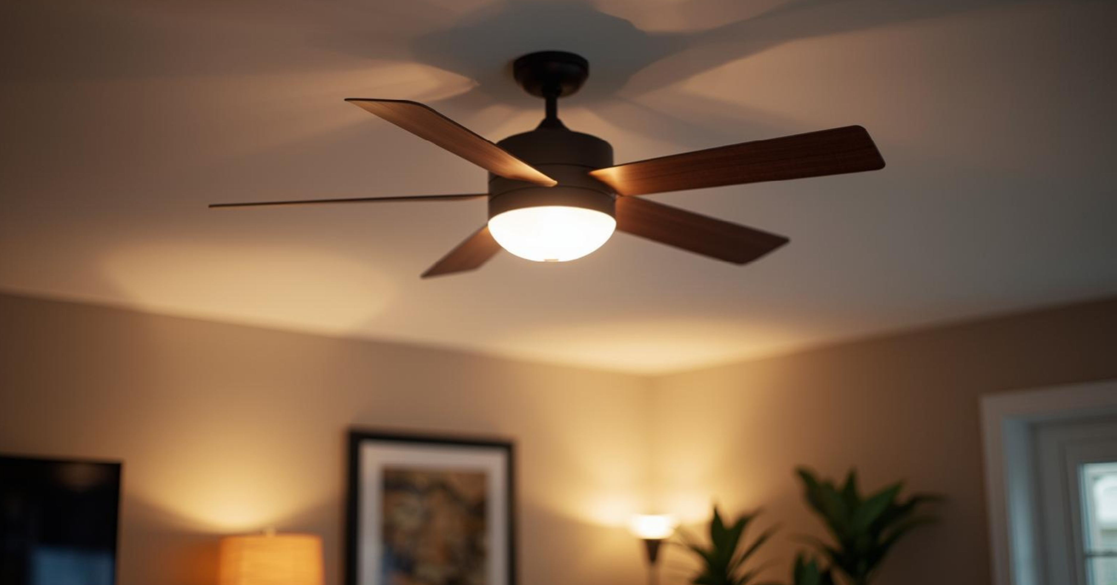 Modern lighting and ceiling fan displayed in a clean, well-lit living space