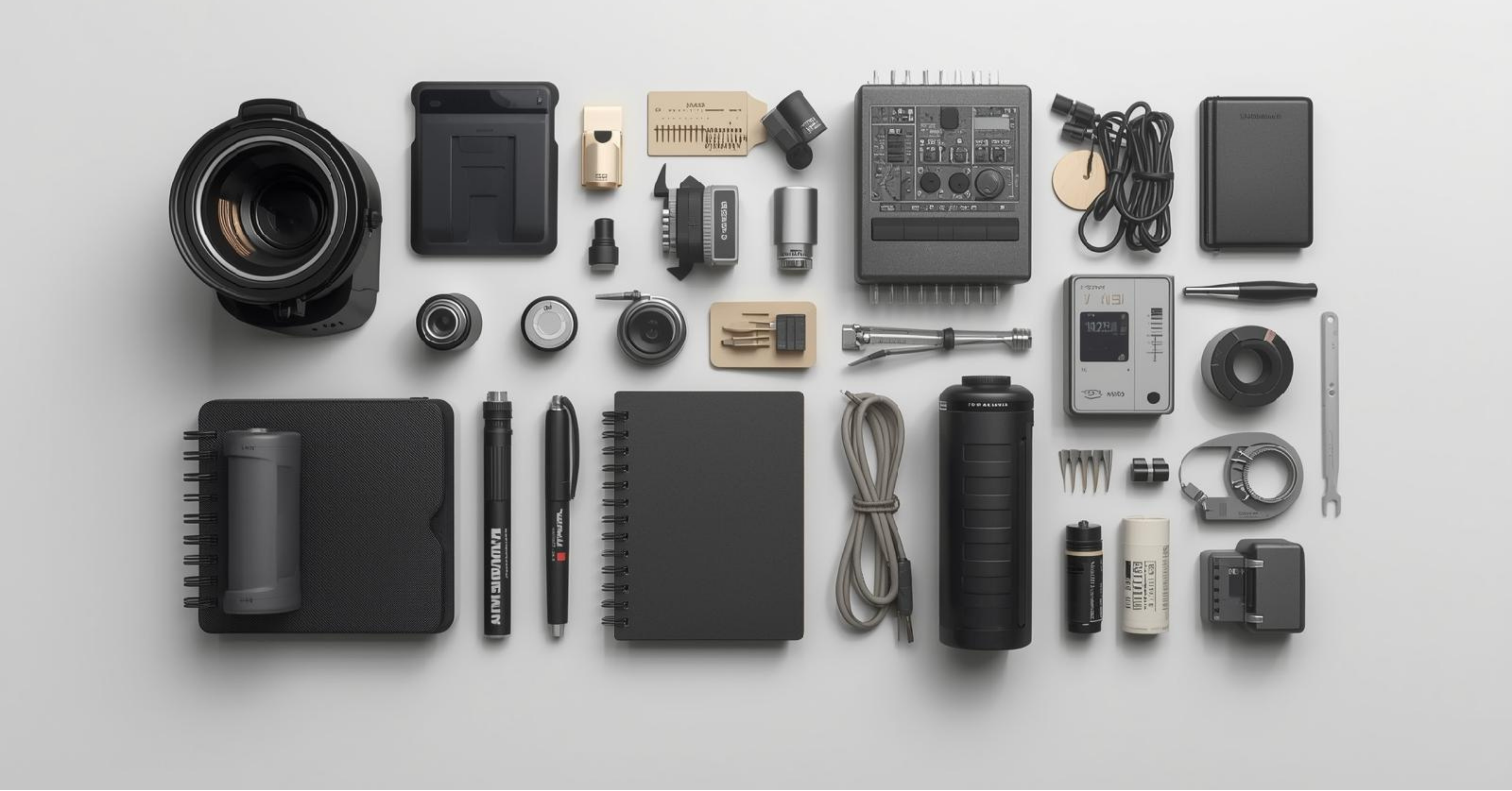 Small appliance parts and accessories arranged neatly on a clean workspace