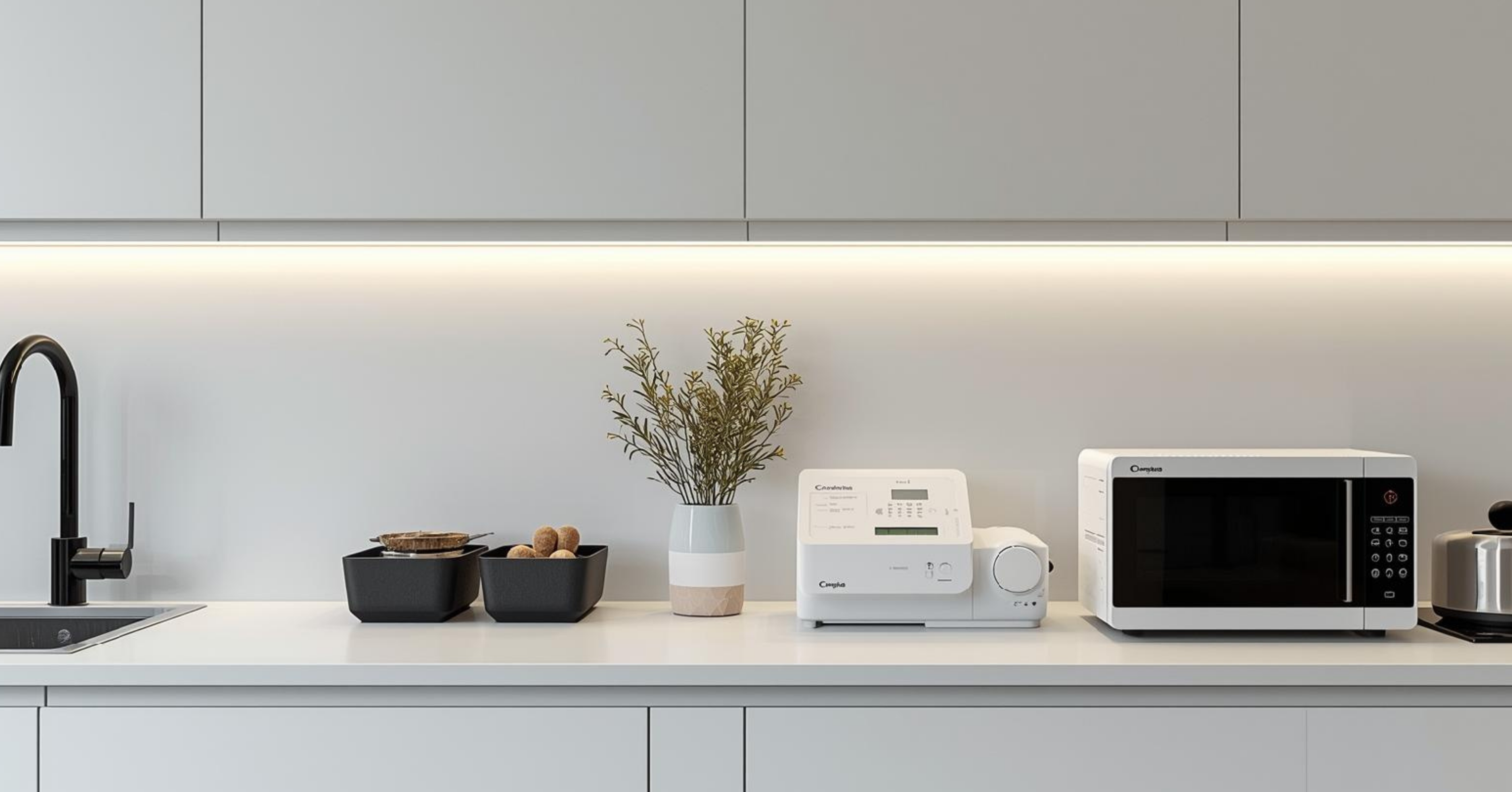 Small kitchen appliances displayed neatly on a modern kitchen counter