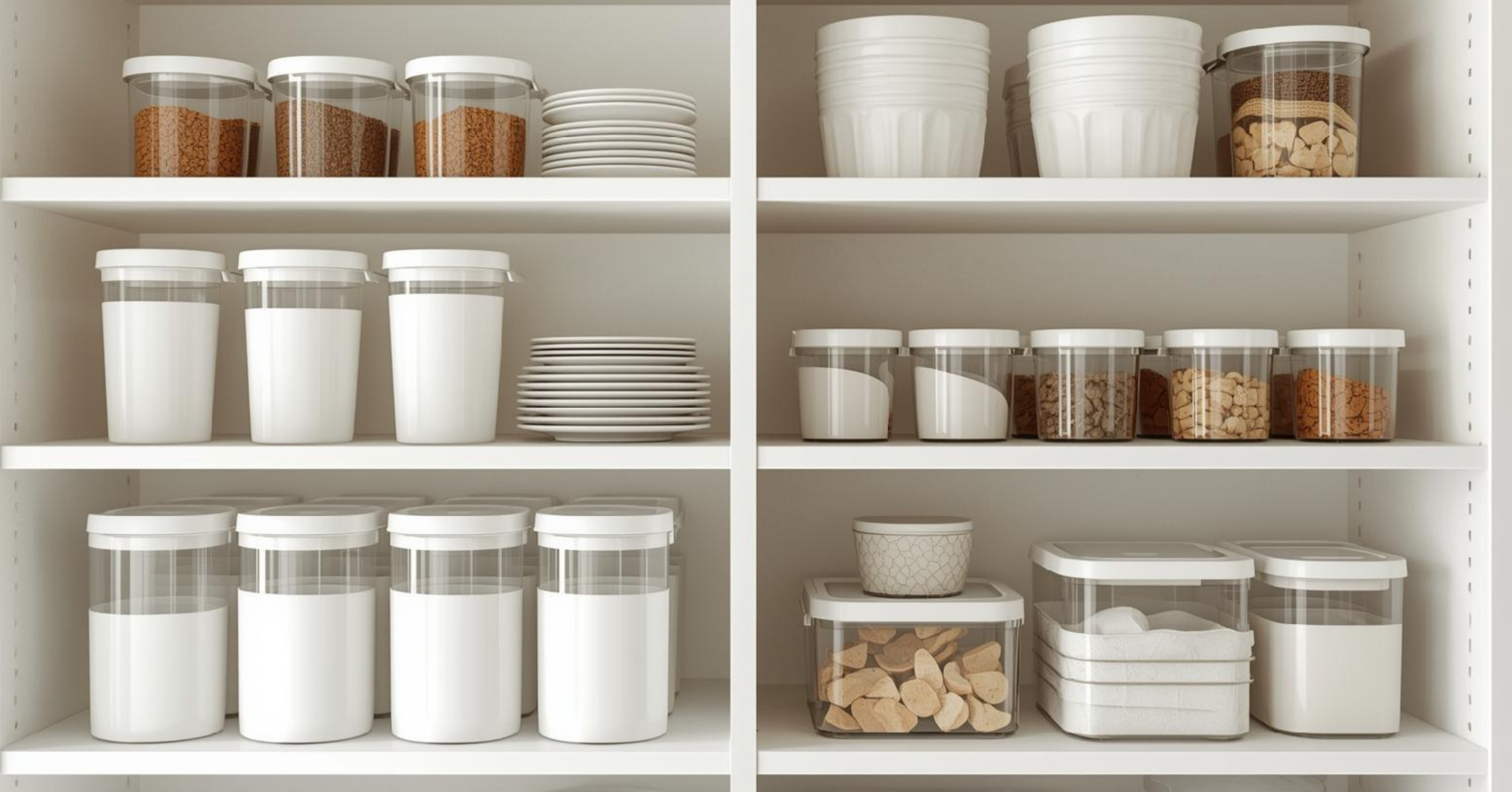 Storage and organization containers arranged neatly in a modern home setting