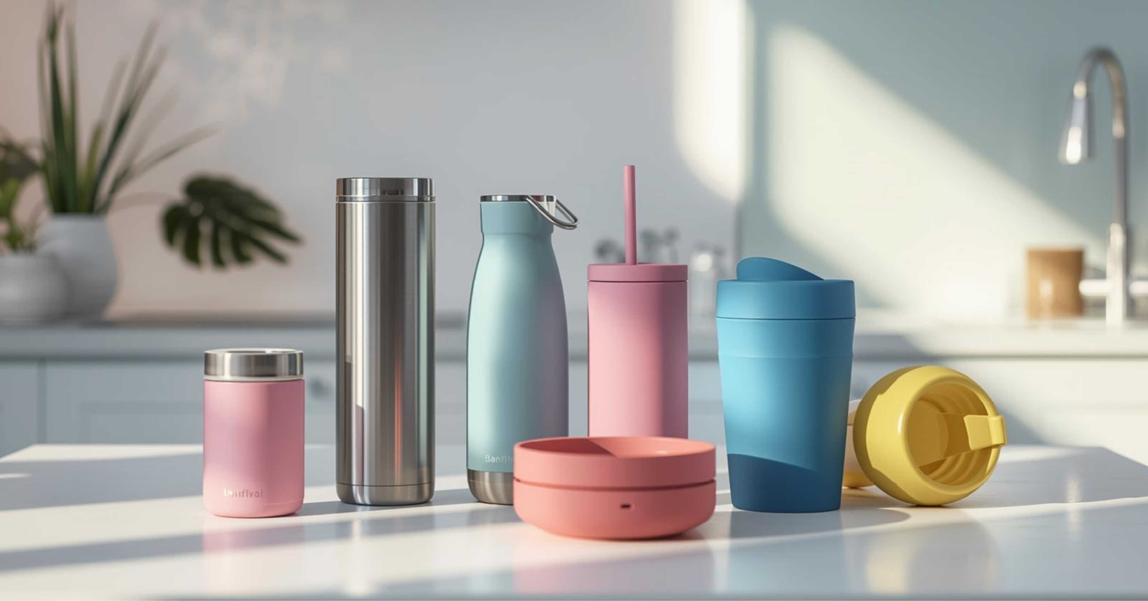 Travel and to-go drinkware displayed in a modern lifestyle setting