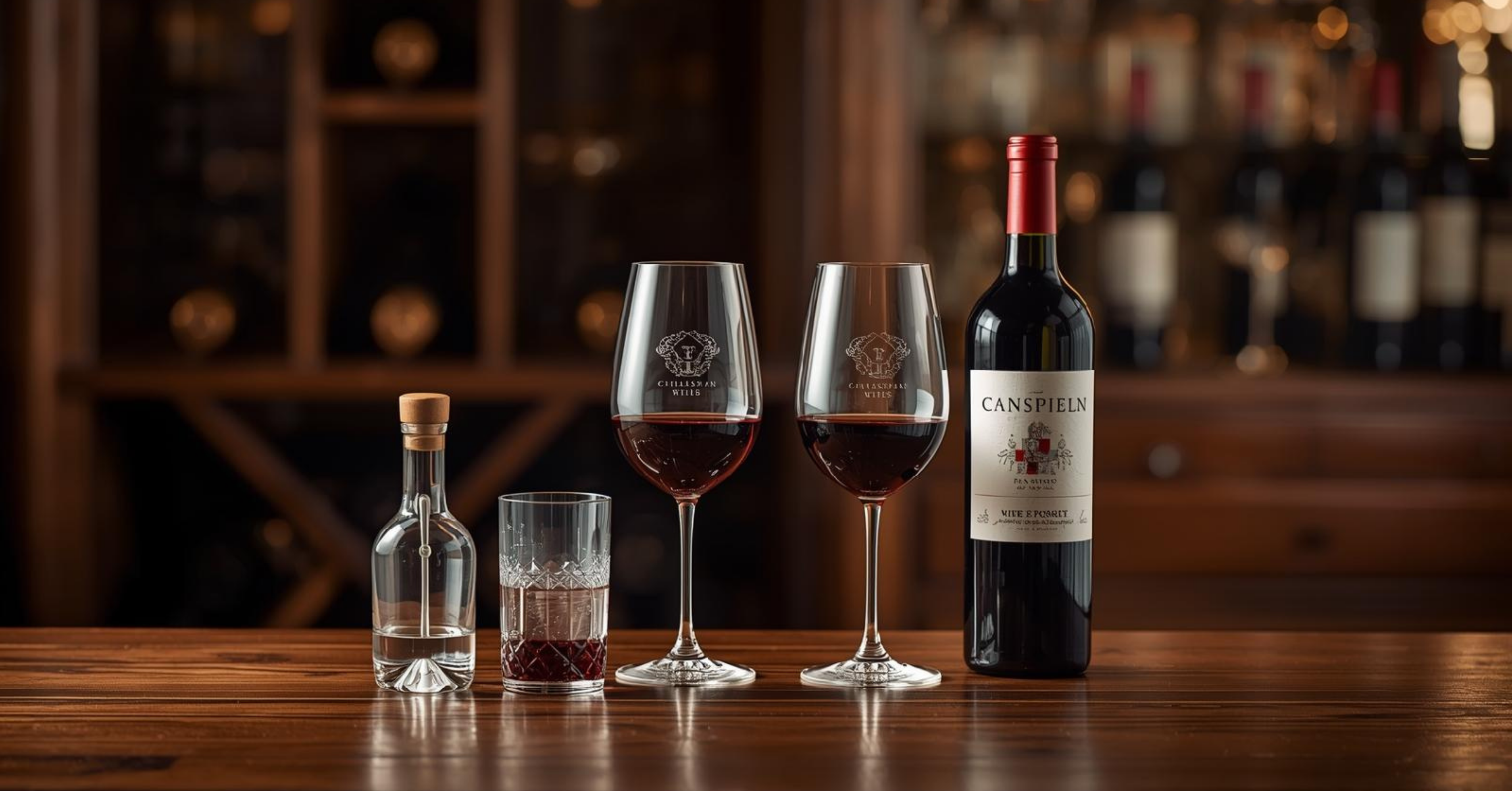 Wine accessories arranged neatly with rack and opener on a wooden table