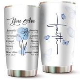2IMT Christian tumbler with white floral design for daily inspiration.
