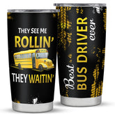 Grawmise school bus driver tumbler front view keeps beverages at the right temperature.
