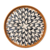 Aayoruro round rattan tray with mother of pearl inlay for elegant fruit and tea service.