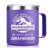 Abledn Don't Mess With Mamasaurus mug, 14oz purple, ideal for daily coffee or tea.