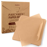 Acasimo parchment paper sheets 12x12 stack ready for quick baking and cleanup.