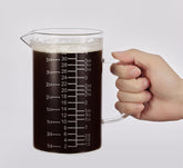 Ackers BORO3.3 etched graduations show cups, OZ, and ML for precise readings