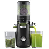 ACoqOOS juicer shows 53-inch feeding chute for easy whole-fruit loading and juicing.