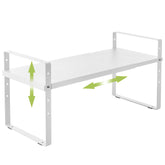 Across-Star expandable cabinet shelf organizer rack front view showing clean white metal design