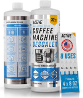 ACTIVE Coffee Descaler bottle label highlights the citric acid formula for descaling.