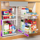 ADBIU under-sink organizer 2-Pack two-tier system keeps kitchen clutter tidy and accessible.