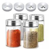 Aellabus salt and pepper set with four glass shakers for organized seasoning