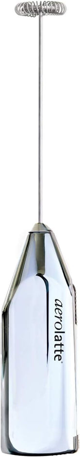 Aerolatte steam-free milk frother with polished chrome finish for quick, quiet foam.