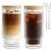 AFINSEA ribbed glass cup with lid and straw for refreshing iced coffee
