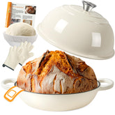 AHJ 6QT Dutch Oven with bread loaf shows even heat for crusty bread.