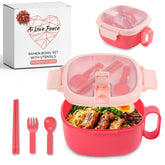 AI LOVE PEACE ramen bowl with leakproof lid showing mess-free reheating