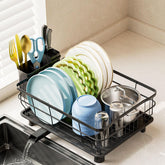 AIDERLY Iron Dish Drying Rack in front view with all-black finish and compact profile.