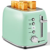 Aigostar 2-slice retro toaster aqua green front view for even browning.