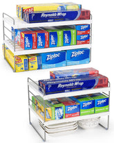 Aionvidas expandable wrap organizer shows three-tier layout for pantry wrap storage
