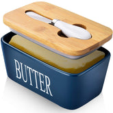 AISBUGUR butter dish in blue ceramic with knife-slot for easy slicing