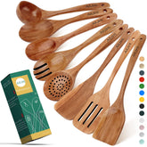 AIUHI teak wood spoon set for durable kitchen use and nonstick cookware protection.