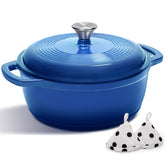 AIVIKI 5QT Dutch Oven with blue lid on, showing even heat for slow cooking.