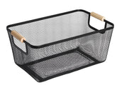 AJIODA metal mesh basket rectangle black close-up shows sturdy wood handle for organization