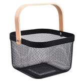 AJIODA metal mesh basket with wooden handle for compact kitchen storage, front view