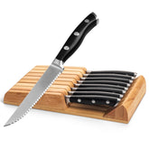Alata 8-piece steak knife set with block for organized storage and precise slicing.