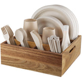 ALELION acacia wood utensil holder front view with six compartments for organized plates and flatware