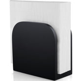 Alelion black upright napkin holder on wood keeps napkins accessible and tidy.