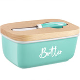 ALELION turquoise butter dish with lid on countertop for easy access.