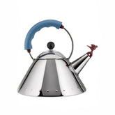Alessi 9093 bird whistle kettle on polished stainless steel signals boiling with charm.