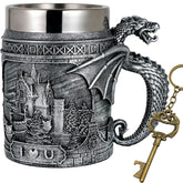 Alikiki Medieval Castle Dragon Mug front view with dragon guard, ideal as game-night centerpiece.