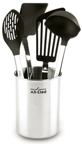 All-Clad nylon-head slotted spoon for nonstick cookware, ideal for draining and serving.