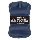 All-Clad premium pot holder in indigo with heat resistance up to 500°F for safe oven use.
