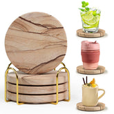 Almagic natural sandstone coaster set with holder guards surfaces and adds rustic elegance.