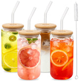 Alotpower glass cups 16oz with bamboo lids and straws for iced coffee.