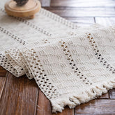Alynsehom macrame table runner in cream beige adds boho elegance to dining tables.