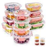 AMALEKO pink 34-piece glass container set with varied sizes for versatile meal prep.