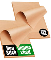AMFOCUS 300pcs unbleached parchment sheets close-up for clean, non-stick baking.