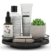AMH 9-inch oak bathroom vanity tray turntable displaying perfume and candles with smooth 360 rotation