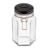 Amici Pet Bernese clear glass treat canister with black ceramic lid keeps treats fresh and visible