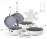 Ammeloo 15-piece ribbed ceramic cookware on stove, highlighting even heat distribution.